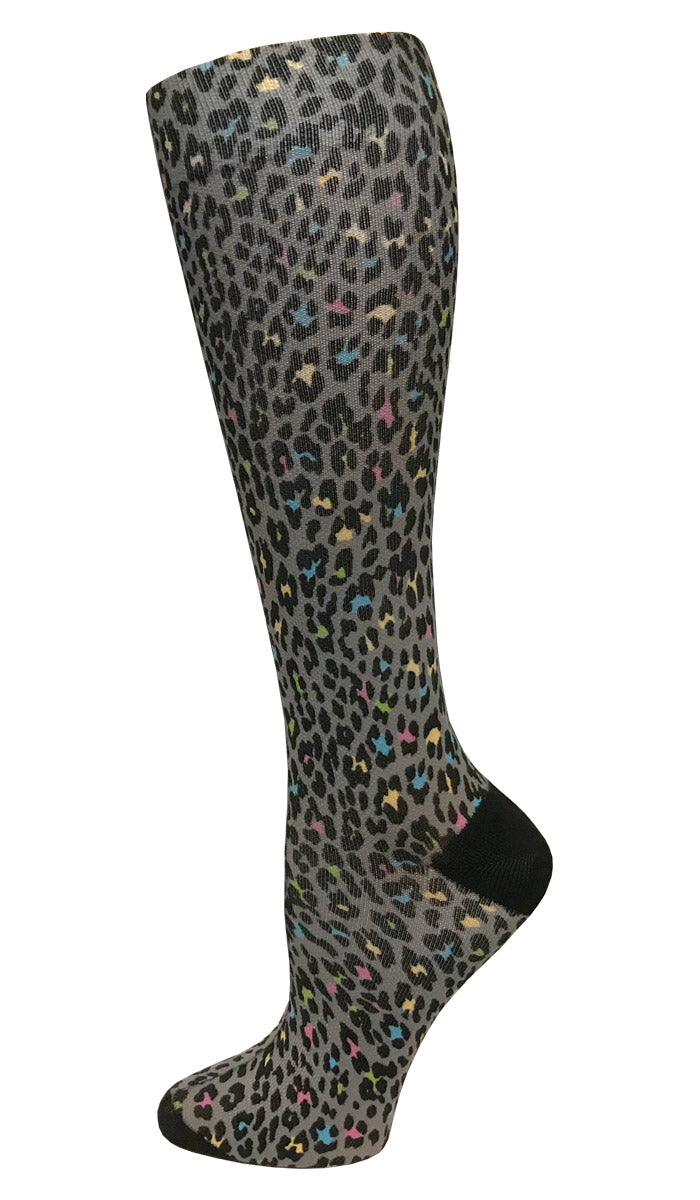 12" Soft Comfort Compression Socks Leopard Print Grey Prestige