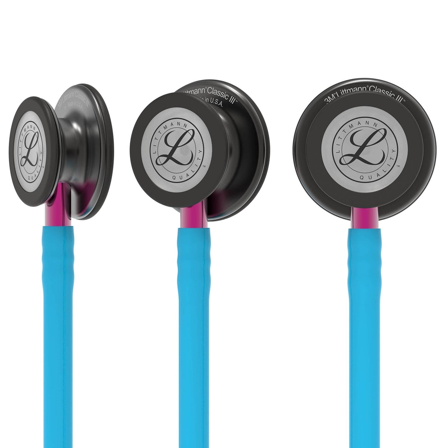 Littmann Classic III Monitoring Stethoscope: Smoke & Turquoise - Pink Stem 5872 - Over Engraved Stethoscopes 3M Littmann