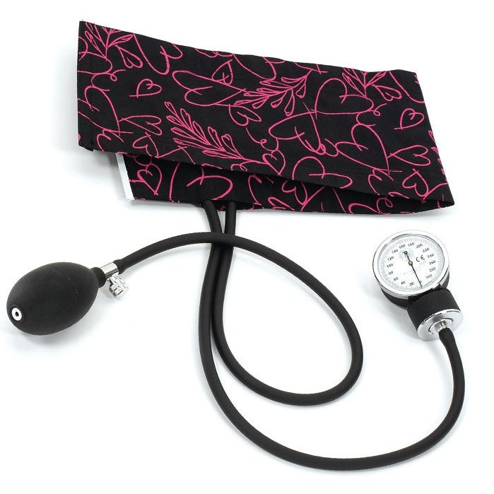 Premium Adult Aneroid Sphygmomanometer Blood Pressure Prestige Pink Hearts on Black
