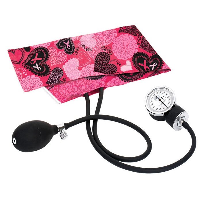 Premium Adult Aneroid Sphygmomanometer Blood Pressure Prestige Ribbons and Hearts - Pink