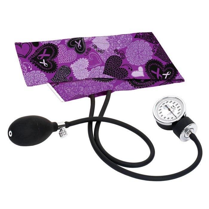 Premium Adult Aneroid Sphygmomanometer Blood Pressure Prestige Ribbons and Hearts - Purple