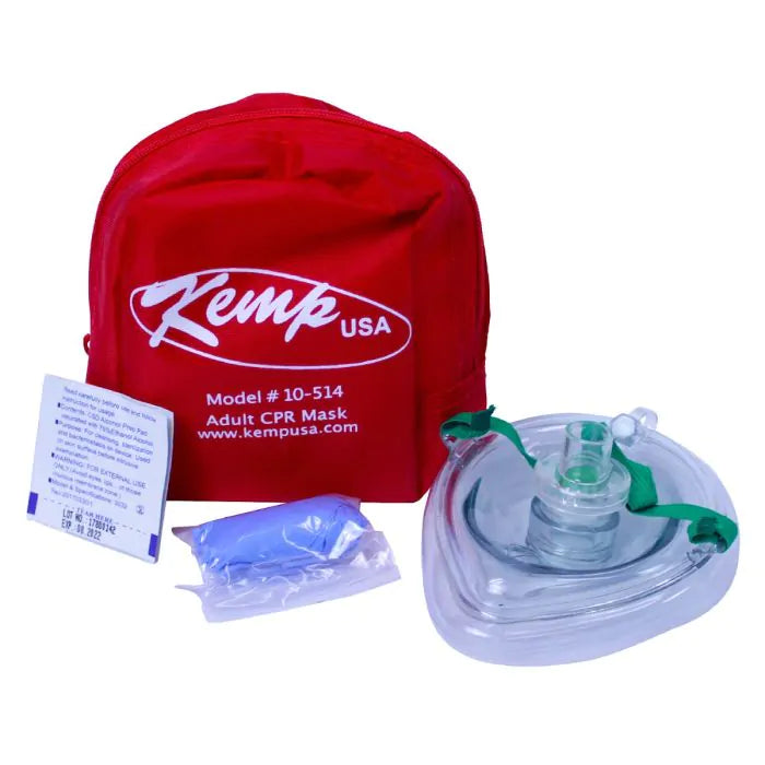 Kemp USA CPR Mask With O2 Inlet, Headstrap, Gloves, And Wipes In Soft Case Pouch KEMP Kemp USA