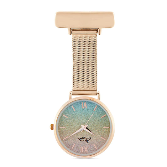 Annie Apple Nurses Fob Watch - Aurora - Glitter Rainbow/Rose Gold - Mesh - 35mm  Annie Apple   